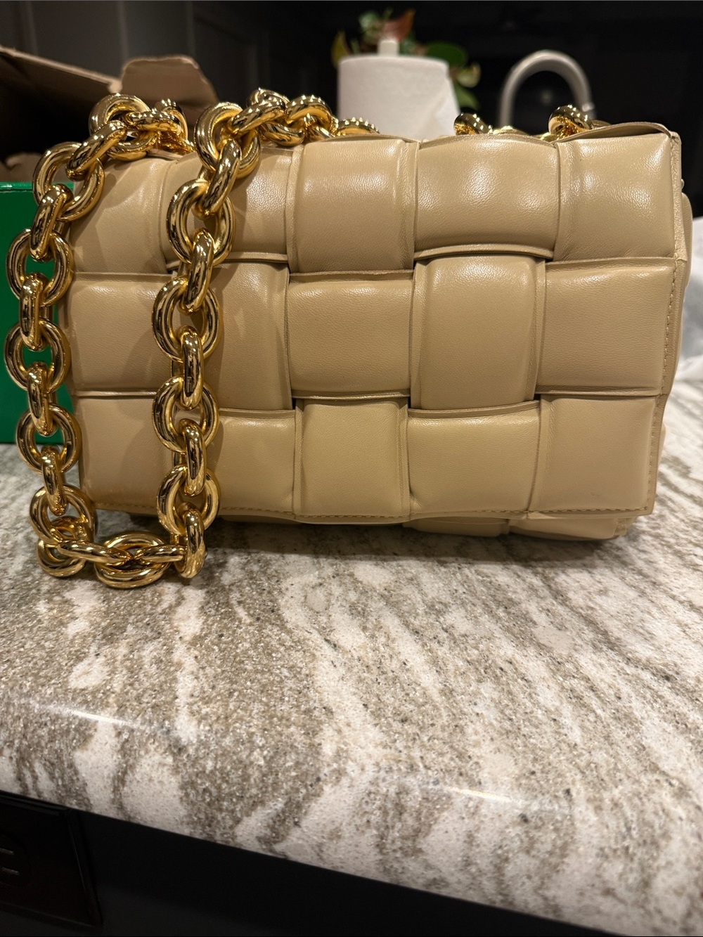 Bottega Veneta Padded Cassette Beige Leather Gold Chain Bag Full Set